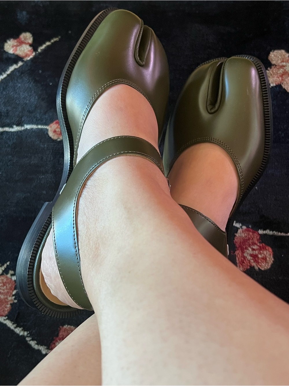 Olive Green Tabi Leather Mary Jane Sandals, Size 38 - Picture 5 of 5